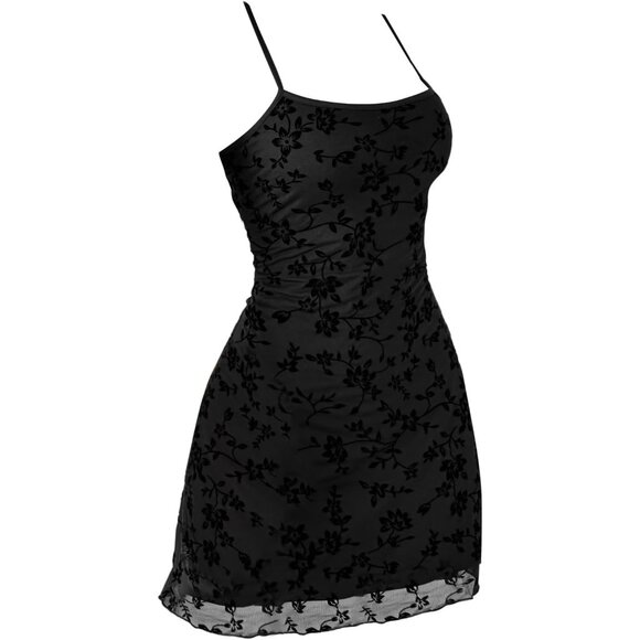 Women's Floral Mini Dress Mesh Spaghetti Strap Casual Festive Outfits - Picture 1 of 6